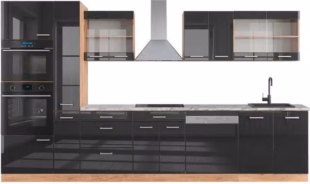 Cucina componibile moderna R-Line Vicco colore Antracite lucido e Rovere dorato, L: 350 cm