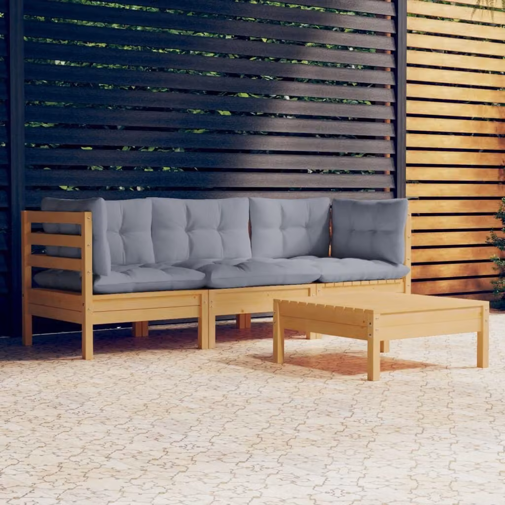 The Living Store Set da giardino 4 pezzi con cuscini grigi in legno di pino