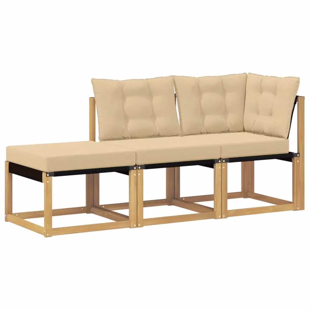 Salotto da Giardino Componibile a L con Divano 3 Posti e Ottoman in Legno di Acacia e Tessuto Bianco e Beige – 2