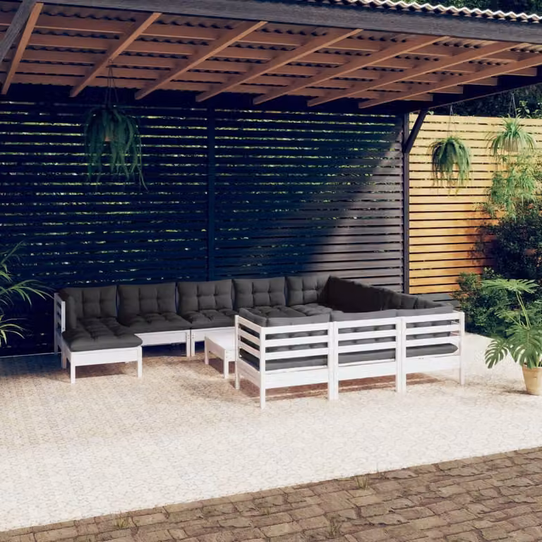 The Living Store Set da giardino 12 pezzi con cuscini in legno di pino bianco