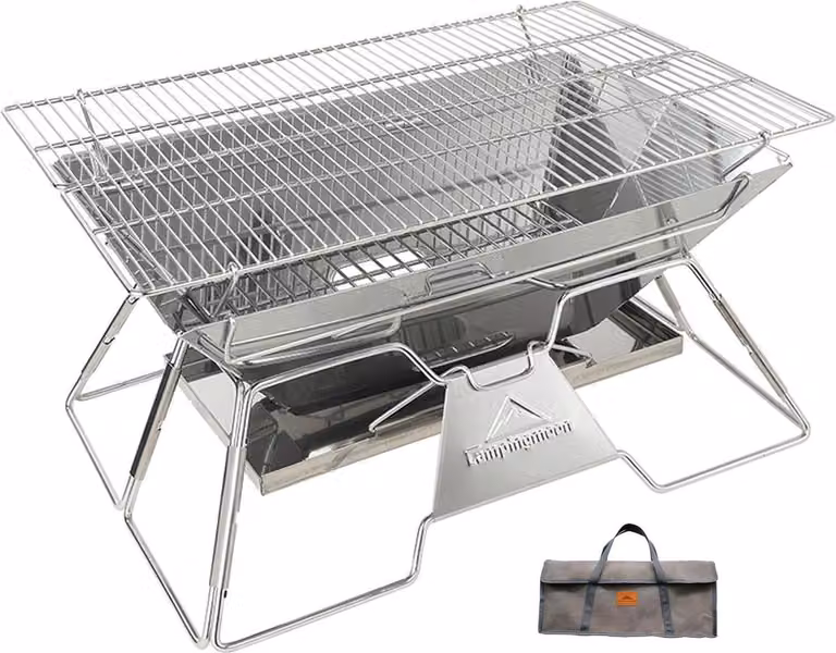 Barbecue da campeggio portatile in acciaio inox con carbonella, pieghevole, 50,8 x 33 cm