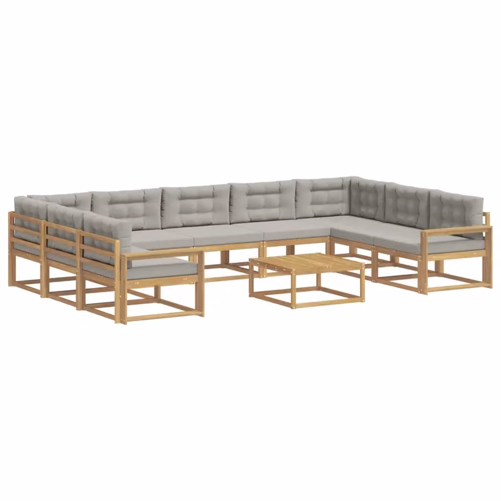 Set di divani da esterno vidaXL a forma di U in legno di acacia con cuscini, Bianco e Grigio – 2