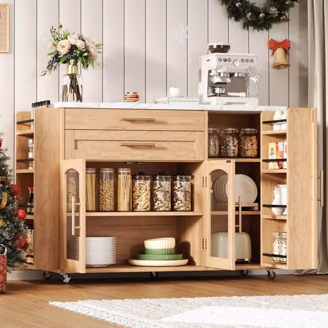 Carrello da cucina trasformabile in bar con piano pieghevole e vani portaoggetti; colore naturale