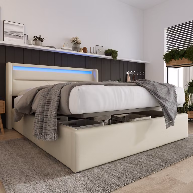 letto imbottito okwish - letto 160x200 cm - letto con contenitore idraulico - letto matrimoniale con materasso, contenitore e LED, bianco (con telecomando)