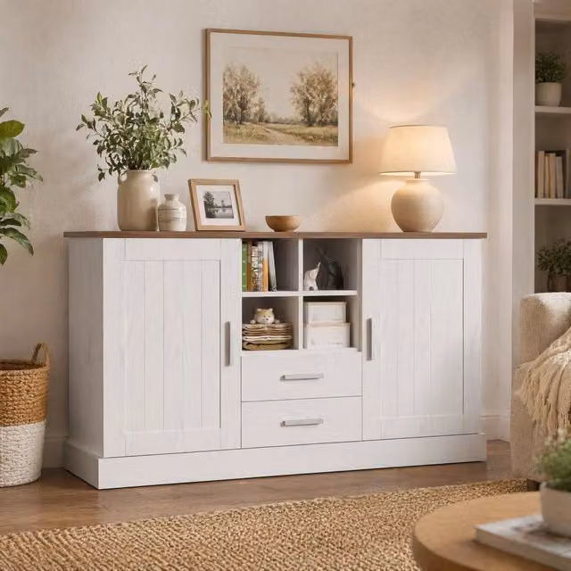 Credenza moderna MODFU in MDF bianco e marrone con dettagli argento e ante soft-close L: 140 cm, P: 40 cm, H: 79,5 cm