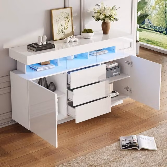 Credenza e madia con LED, 3 cassetti e 2 ante, bianco lucido, per soggiorno e cucina, 140 × 35 × 80 cm