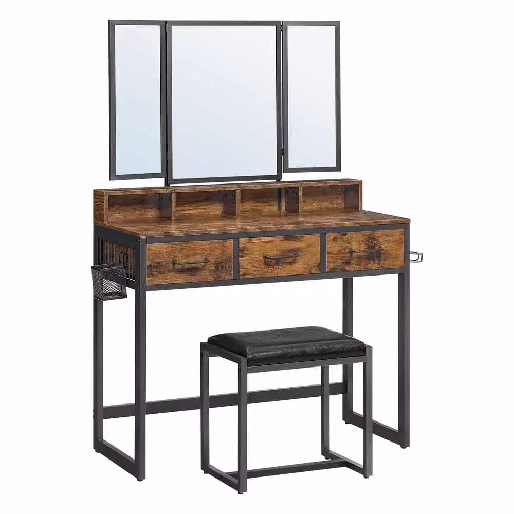 Tavolo da Trucco con Sgabello Imbottito, Marrone Vintage + Nero