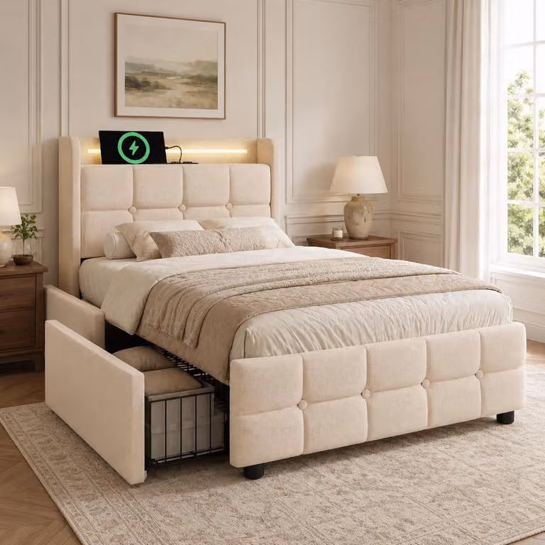 Letto imbottito Flieks 90x200cm con USB e prese, letto per ragazzi letto singolo con 2 cassetti, letto contenitore letto in legno massiccio con LED e rete a doghe, lino, beige