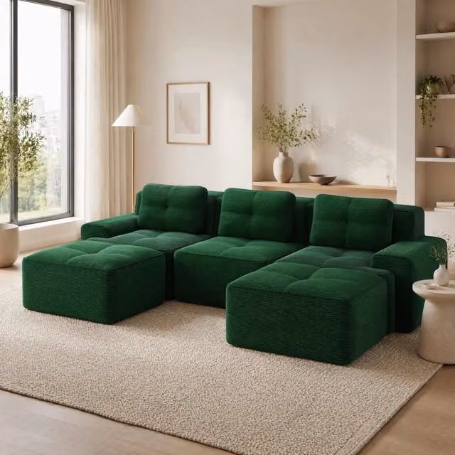 Divano modulare a L Mivray in velluto a coste verde con seduta profonda 74 cm e design moderno