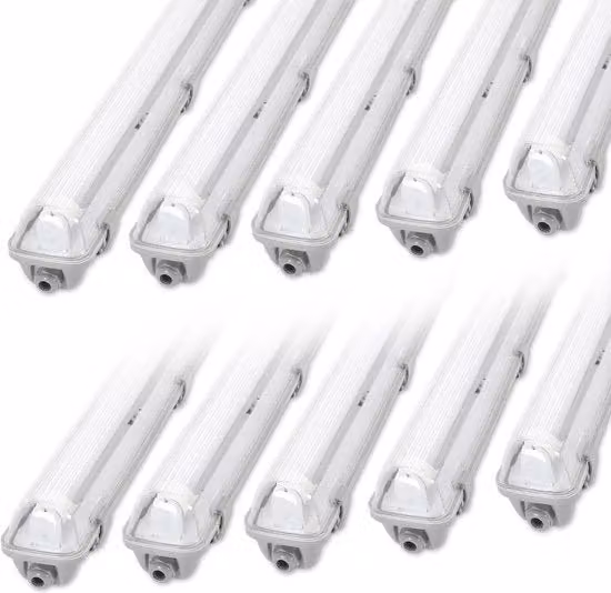Set di Armatura LED IP65 da 10 - Lampada a LED T8/G13 120 cm - 18W per unità - 4000K Bianco Neutro - 1800 lm - Per Garage Sottoterra Laboratorio