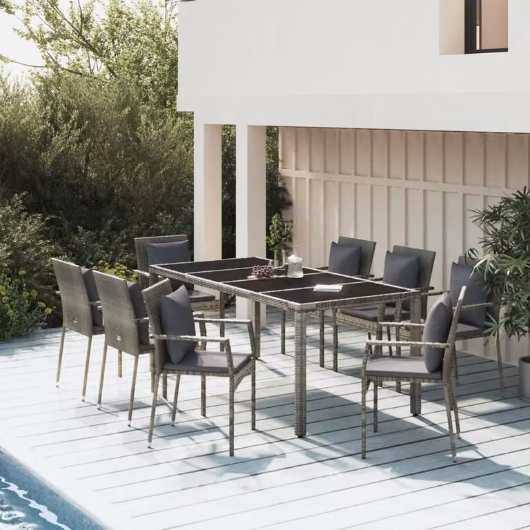 The Living Store Set da pranzo da giardino 9 pezzi con cuscini in poly rattan grigio