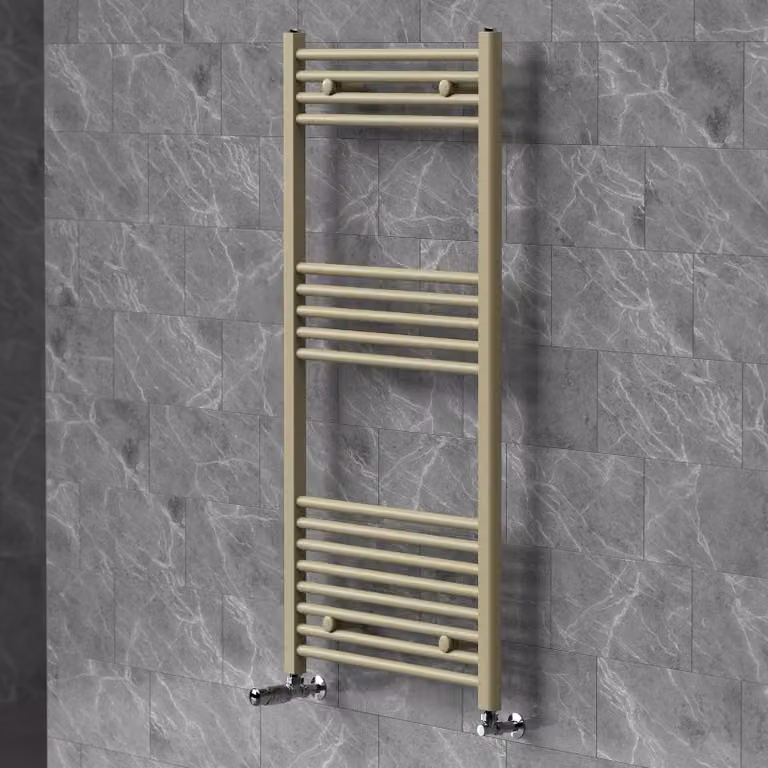 Asciugamani radiante LuxeBath 600x1200 mm, radiatore per bagno con valvola termostatica, asciugamano Sahara a pannello piatto con attacco laterale, portasciugamani, color beige