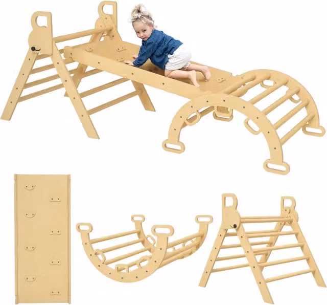 Triangolo per arrampicata per bambini Zephmum con scivolo e altalena in legno naturale beige e marrone L/P/H: 185 x 66 x 38 cm