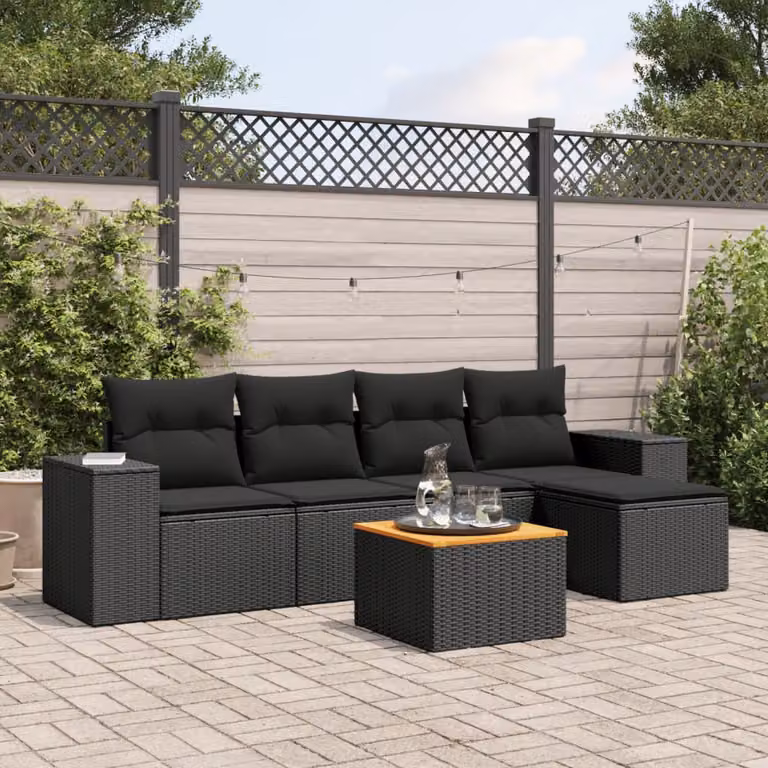 Set Divano da Giardino vidaXL 6 pz a L in Polyrattan Nero con Cuscini e Tavolino