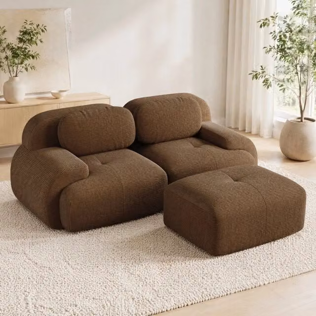Divano angolare modulare moderno in velluto a coste marrone con pouf coordinato e schiuma ad alta densità