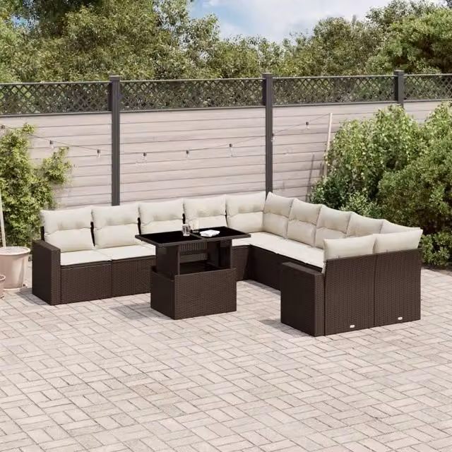 Set di Divani da Giardino vidaXL 11 Pezzi a Forma di U con Cuscini e Tavolino, Polyrattan Marrone e Bianco con Struttura in Acciaio Verniciato a Polvere