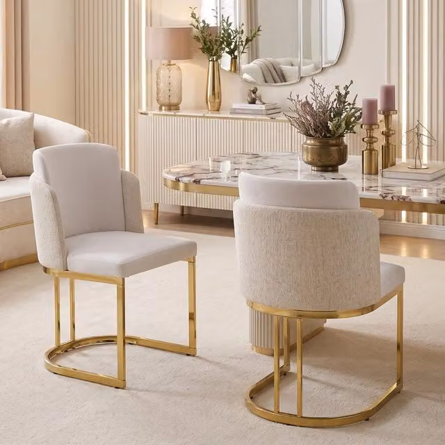 Set 2 sedie da pranzo ¨C Minimal ¨C Beige, tessuto chenille, gambe metallo effetto oro, stile moderno