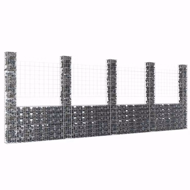 vidaXL Gabbione a U in metallo con 5 pali in ferro, colore grigio/argento, L 500 cm x P 20 cm x H 200 cm