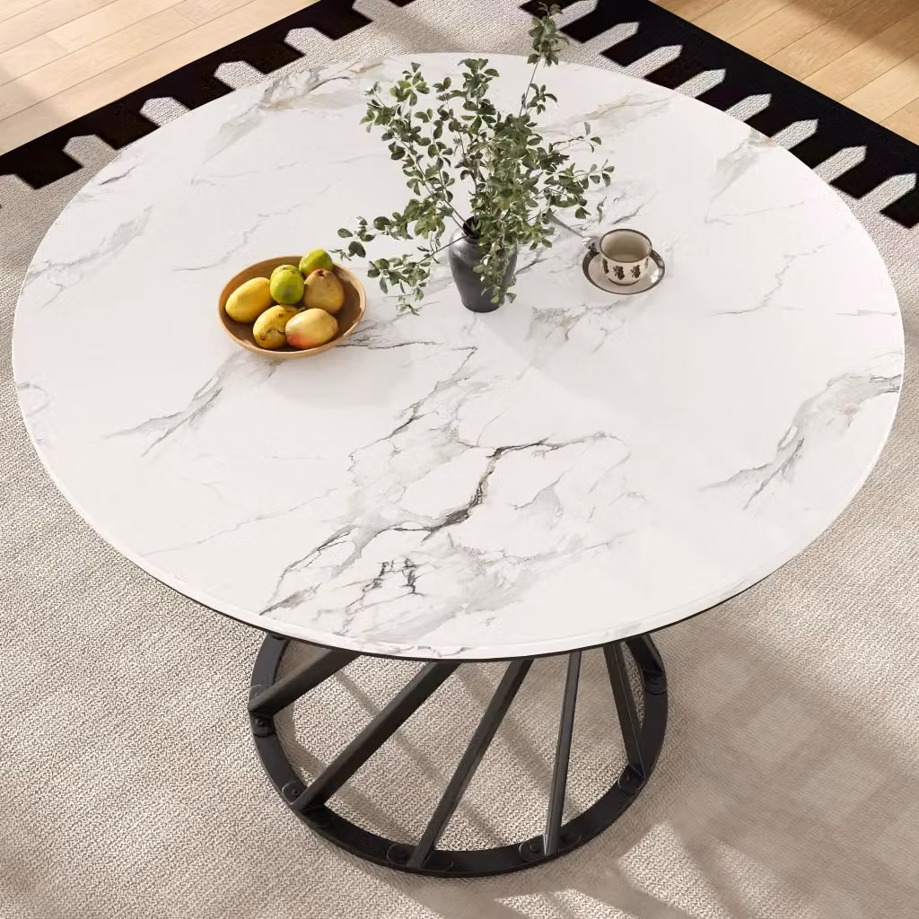 Tavolo da Pranzo Rotondo Minimal con Piano in MDF Effetto Marmo e Gambe in Metallo Nero L: 80 cm, P: 80 cm, H: 76 cm – 2