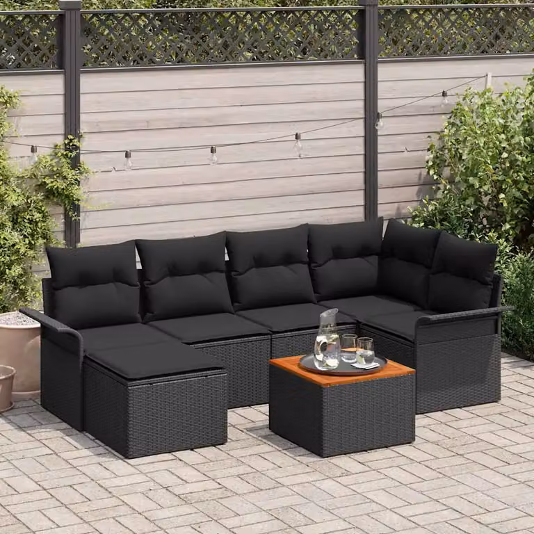 Set Divano da Giardino vidaXL 7 Pezzi a Forma di L in Polyrattan Nero con Cuscini e Tavolino