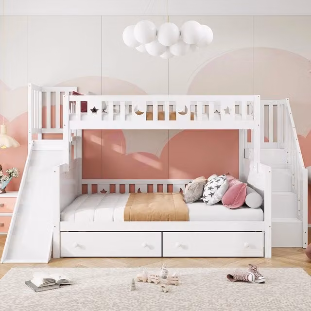 Letto a Castello per Bambini 90x200 e 140x200 cm in Legno Massello Bianco con Scivolo; Cassetti e Scale Contenitore