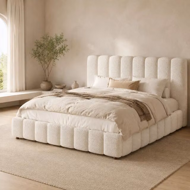 Letto matrimoniale con contenitore Mivray in tessuto bouclé bianco con testiera imbottita e piedini in legno L/P: 180 x 200 cm
