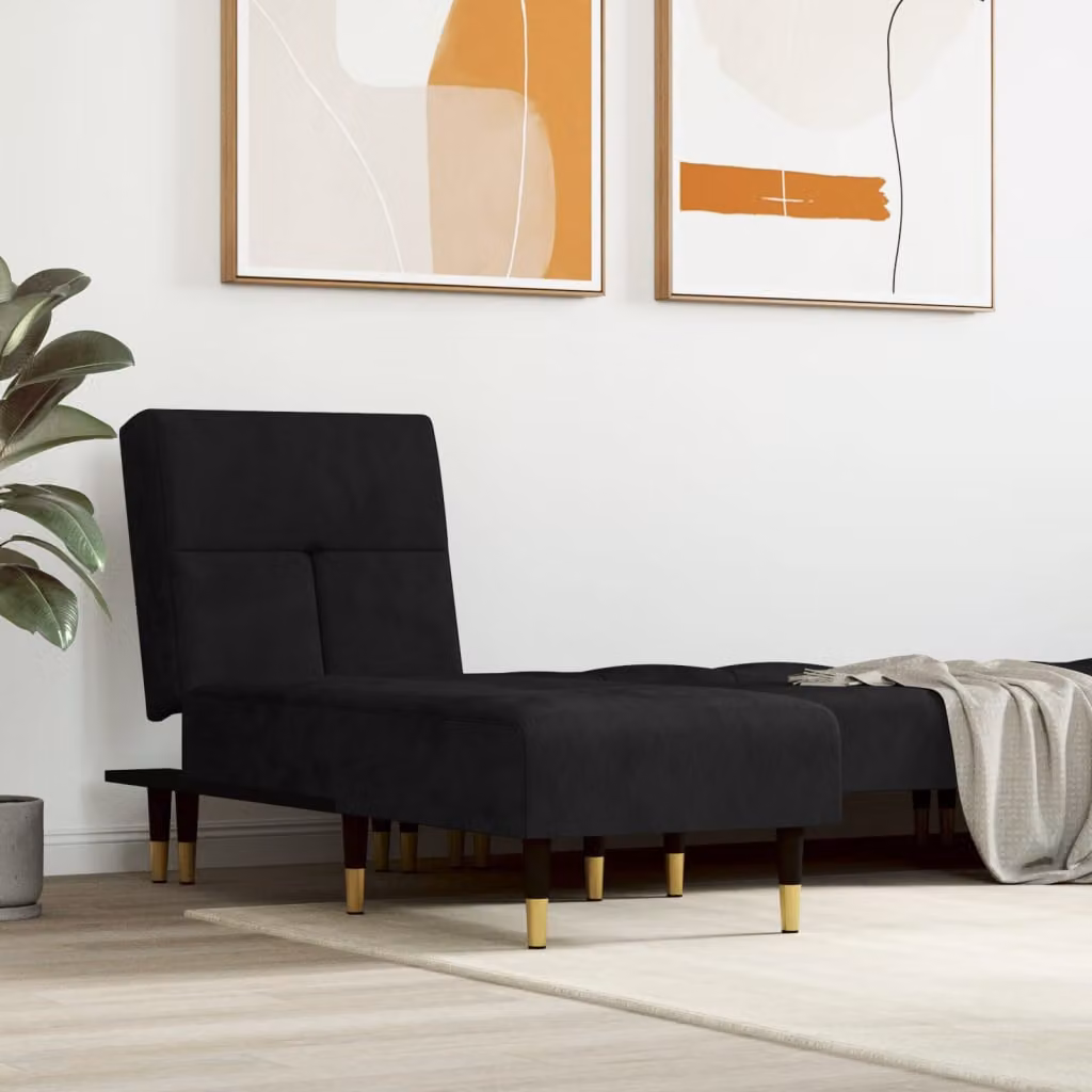 Chaise Longue Moderna vidaXL in Velluto Nero con Funzione Letto e Forma a L, L/P/H: 140 x 200 x 70 cm