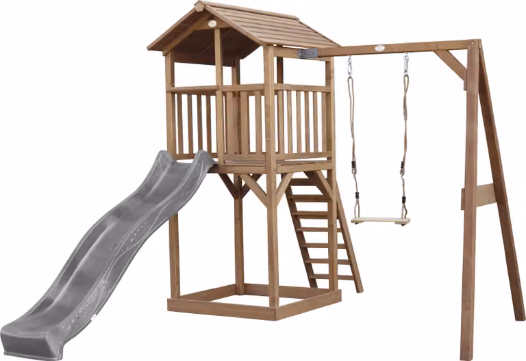 AXI Beach Tower parco giochi in legno in marrone | Torre di gioco con sabbiera, altalena e scivolo grigio | Casa per bambini su palafitte per il giardino