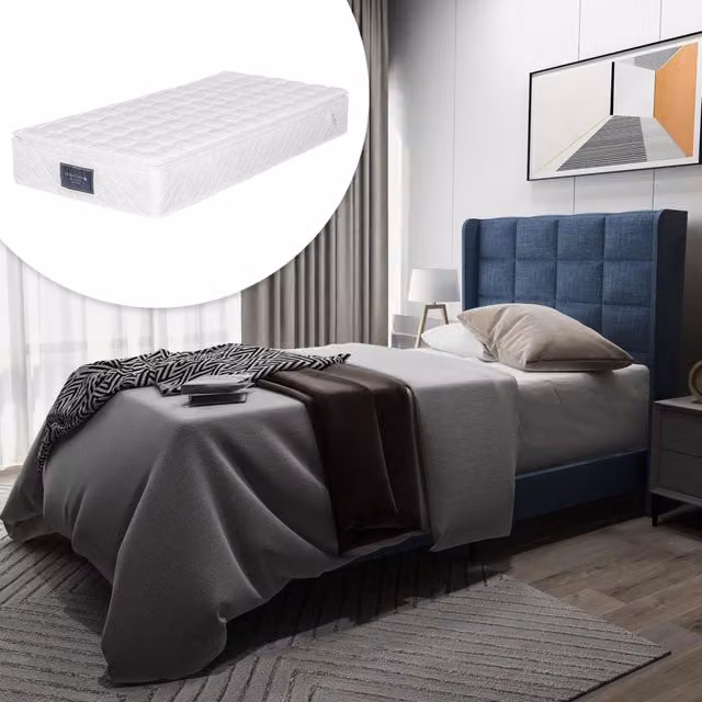 Letto singolo imbottito ULEVR 90x200 cm con rete a doghe e materasso a molle insacchettate H3, blu