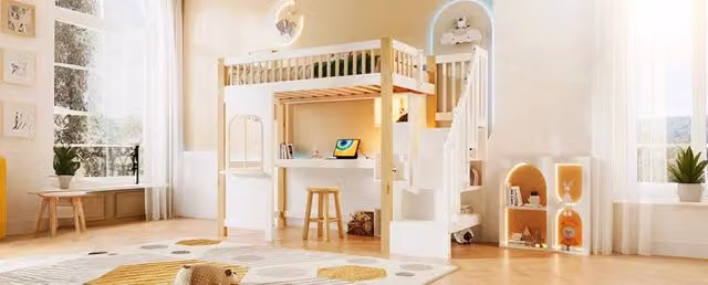 Letto a soppalco 90x200 cm con LED; scrivania e scala contenitore; bianco e naturale