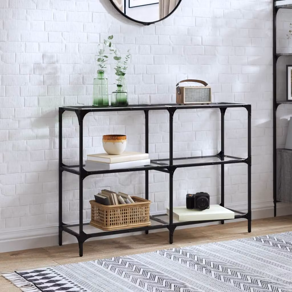 vidaXL Tavolino Consolle Moderno con Piano in Vetro Trasparente e Struttura in Metallo Nero L: 118,5 cm, P: 30 cm, H: 81 cm