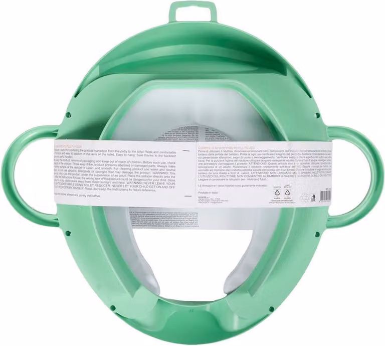 Sedile per WC verde, adatto ai bambini piccoli, con maniglie e schienale, e con superficie lavabile