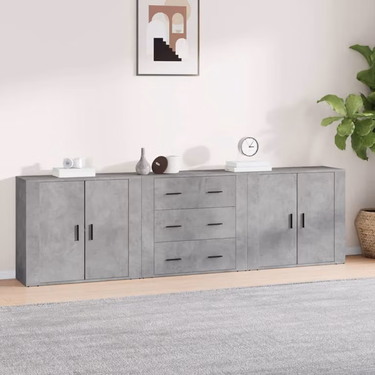 Set di 3 credenze vidaXL in legno multistrato e MDF, colore grigio cemento e nero, stile classico