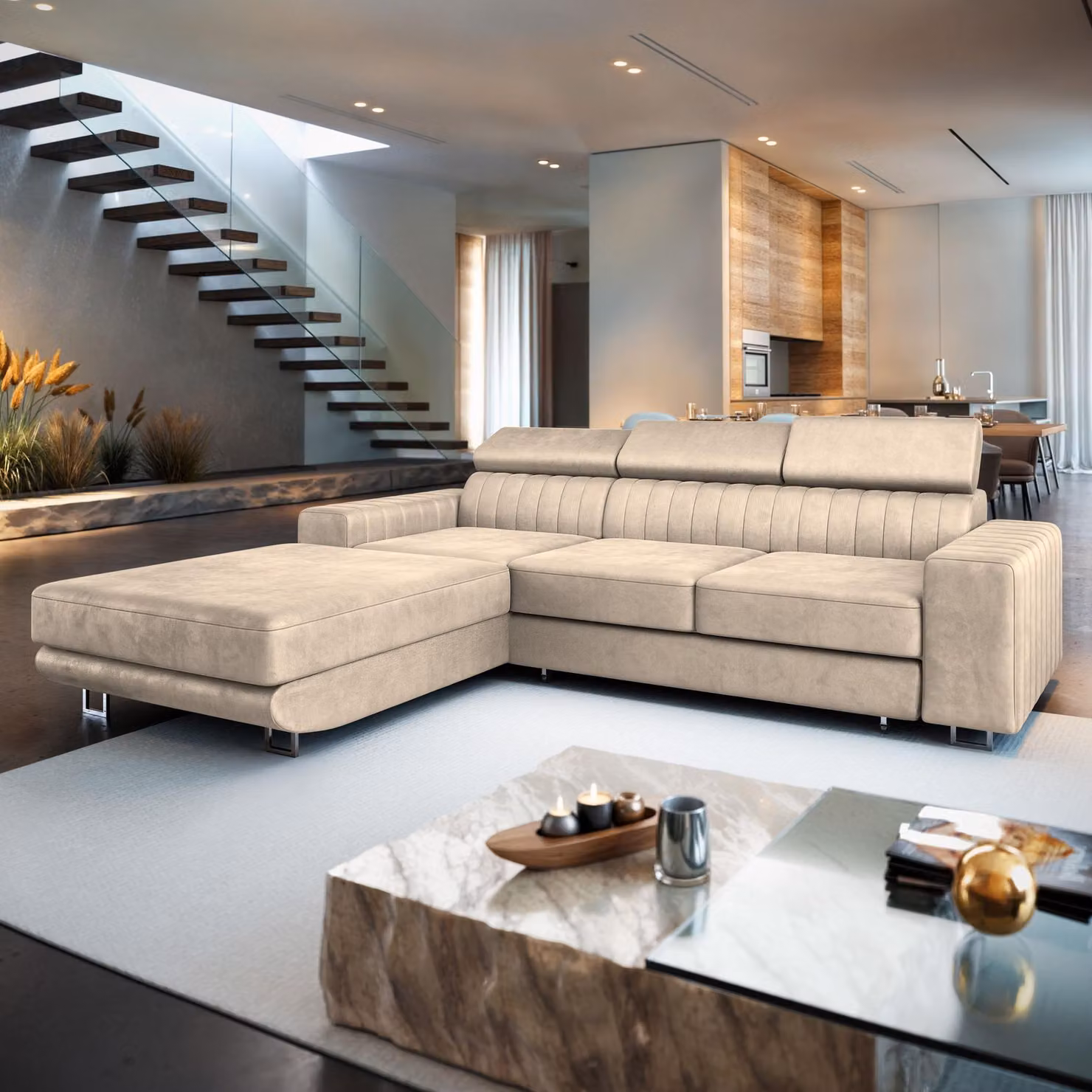 Divano angolare Masseno NOTO L-S con funzione letto a L, divano con box letto, divano da soggiorno, divano, divano letto, set di divani - crema, MONOLITH 04