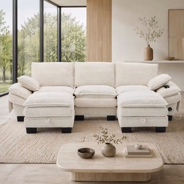 Divano panoramico modulare Mivray a 3 posti in velluto a coste beige con 2 pouf, ricarica USB e vano contenitore L: 260 cm, P: 132 cm, H: 84 cm