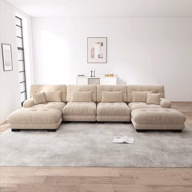 Divano Angolare 4 Posti con Poggiapiedi MINIMAL in Chenille con Struttura in Metallo, Marrone Chiaro