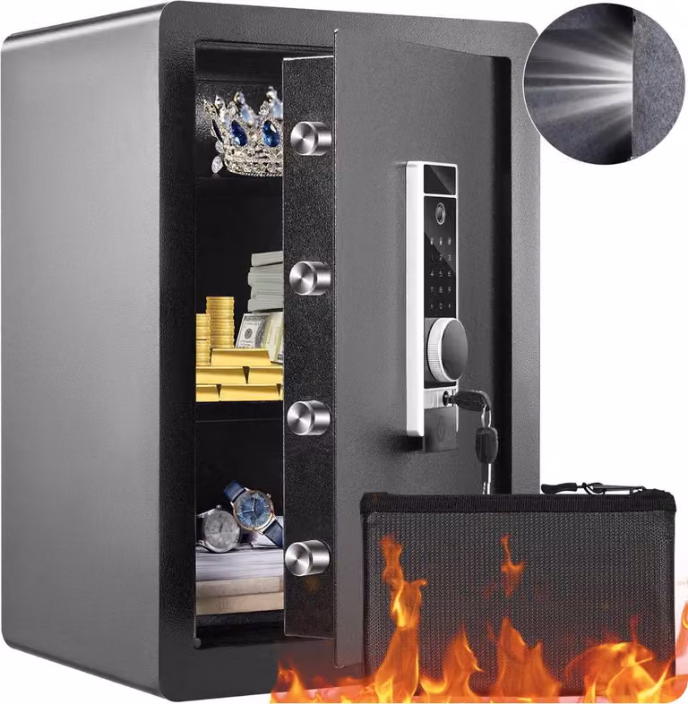 Happyment Cassaforte elettronica Deluxe - Impronte digitali - Antincendio - Con allarme - Serratura a combinazione e chiave - 62L - Nero