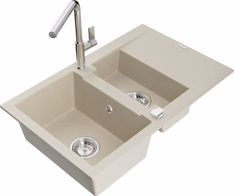 Mexen Gaspar lavello in granito 1,5 vasche con gocciolatoio e miscelatore cucina Flora, beige - 6507-69-670401-00