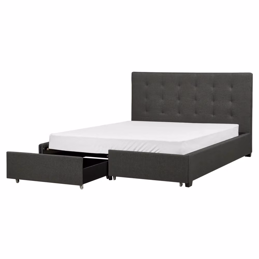 Letto contenitore matrimoniale Beliani imbottito in tessuto grigio con cassetti e rete a doghe L/P/H: 160 x 200 x 28 cm – 2