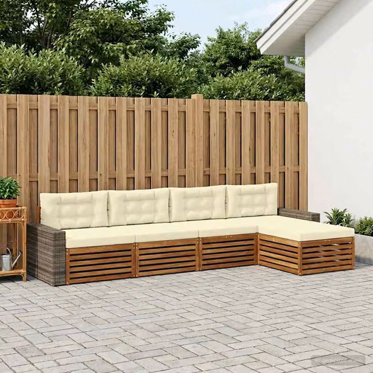 Set di divani da esterno vidaXL a forma di L in legno di acacia con pouf e cuscini, colore beige e bianco