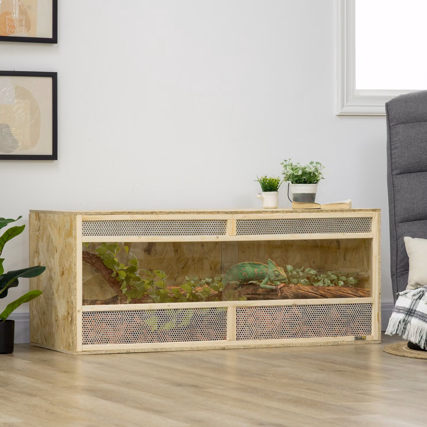 Terrario per rettili e anfibi PawHut con porte scorrevoli in vetro e griglie di ventilazione, colore marrone, L 120 x P 50 x H 50 cm – 2