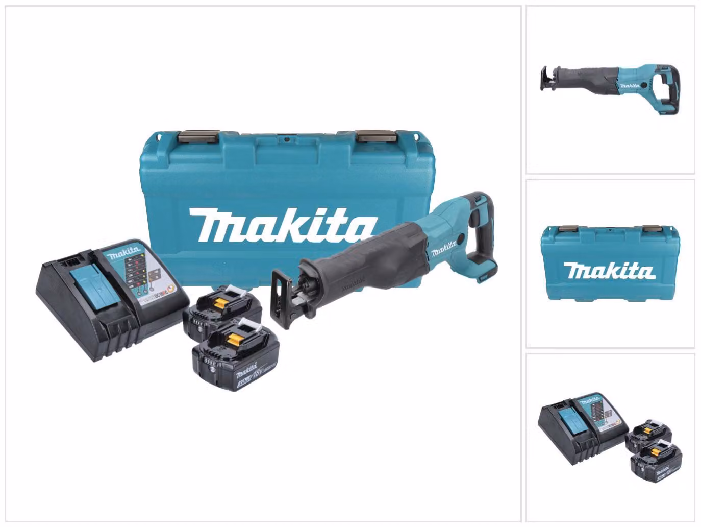 Makita DJR 186 RFK 18V Seghetto diritto a batteria in valigetta Stanley + 2x Batterie BL 1830 3,0 Ah + Caricabatterie rapido DC 18 RC