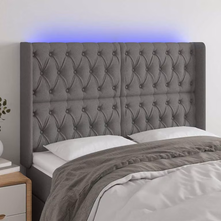 Testiera con LED e porta USB vidaXL in tessuto grigio, L: 163 cm, P: 16 cm, H: 118/128 cm