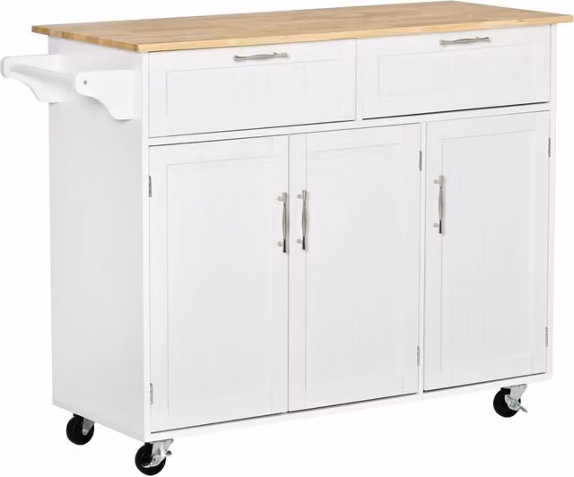 EasyComfort Carrello da Cucina Multiuso in Legno Bianco con 2 Cassetti, 3 Antine e 4 Ruote, L/P/H: 121 x 46 x 91 cm