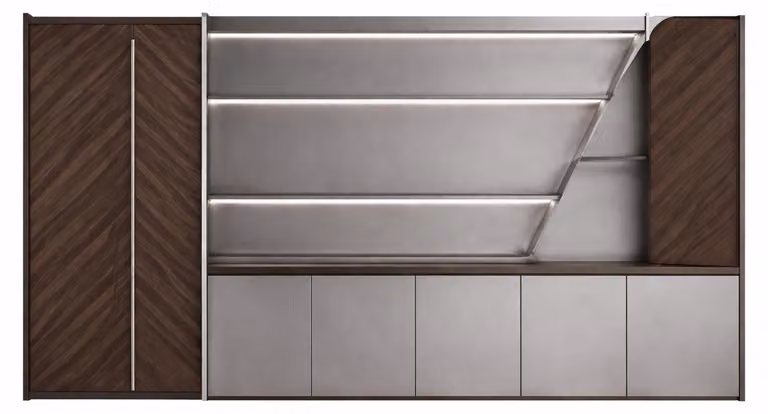 Moderno armadio da ufficio in legno e metallo con eleganti ripiani