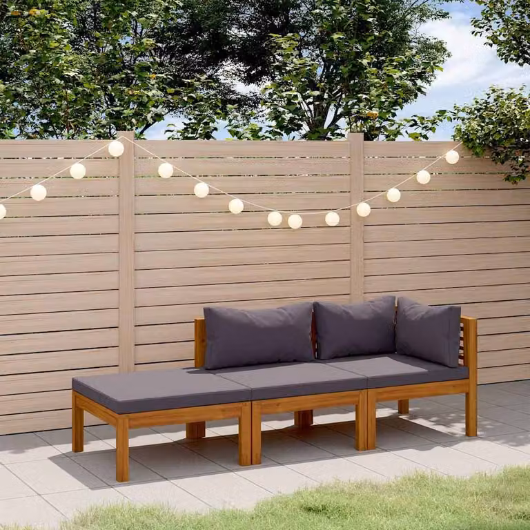 Set di divani da giardino vidaXL in legno massello di acacia con cuscini grigi, composizione a L con angolo e pouf