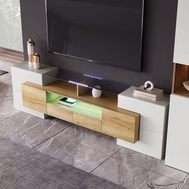 Mobile porta TV con LED controllabili 6 ante 2 cassetti e 3 vani in MDF bianco lucido naturale 200 × 35 × 60 cm