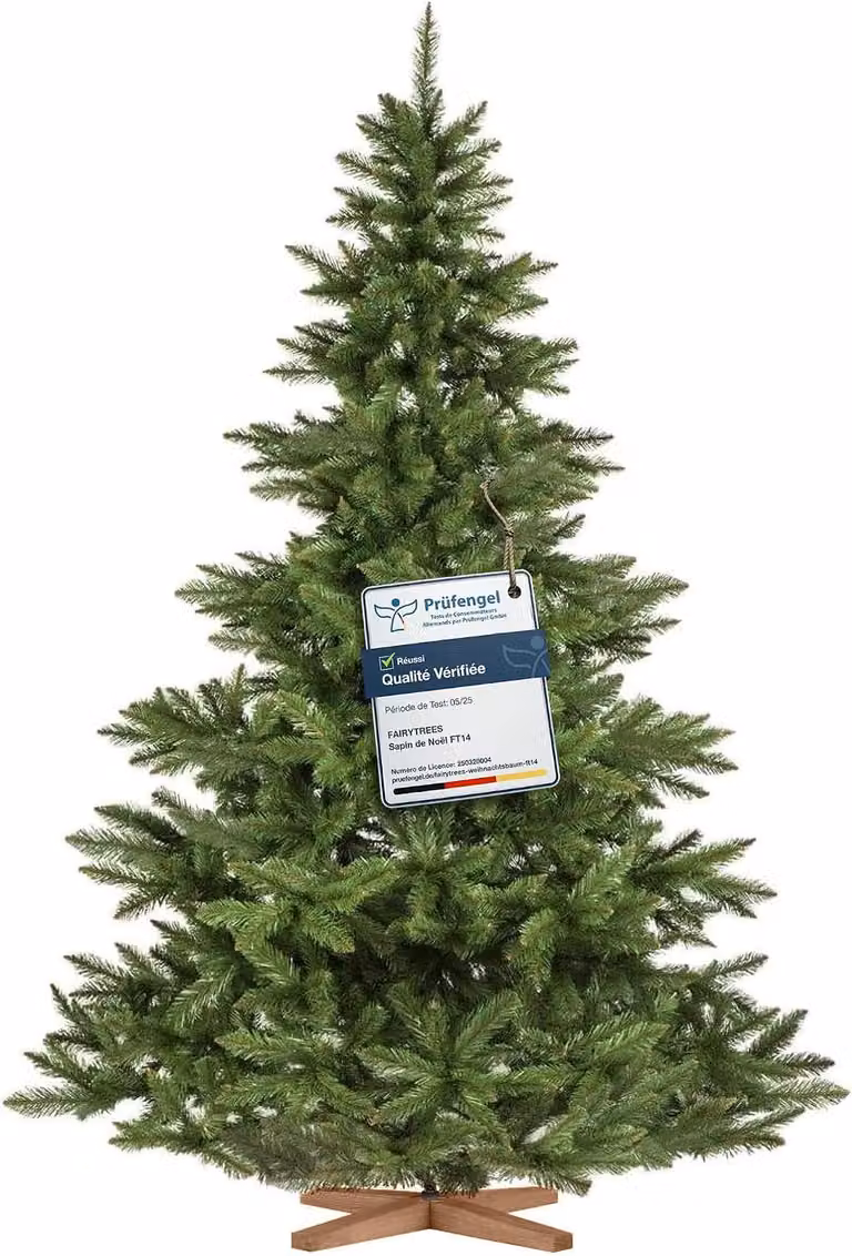 FairyTrees albero di Natale artificiale 220cm Abete Nordmann con supporto in legno | Albero di Natale artificiale con tronco verde | Facile da Montare | Prodotto in EU