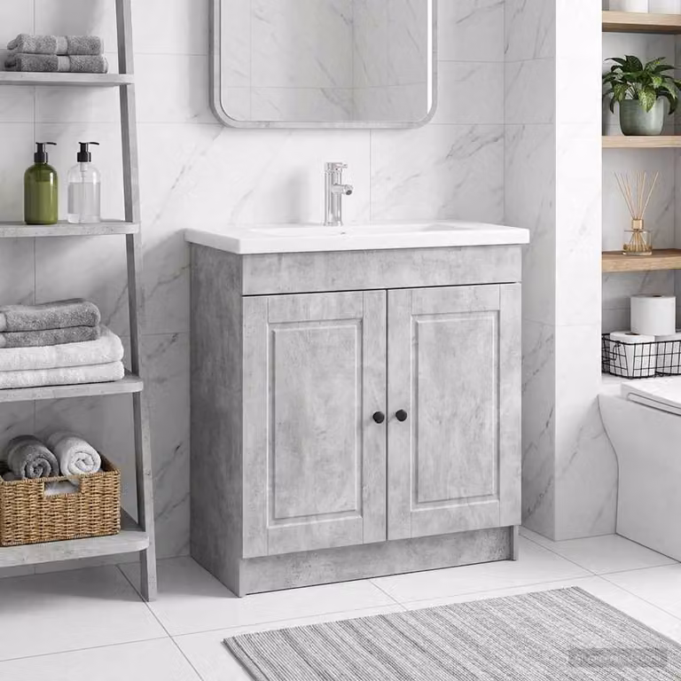 Mobiletto da bagno sotto il lavello vidaXL Grigio Cemento con ante a battente e ripiani interni, L/P/H: 81.0 x 37.5 x 56.0 cm