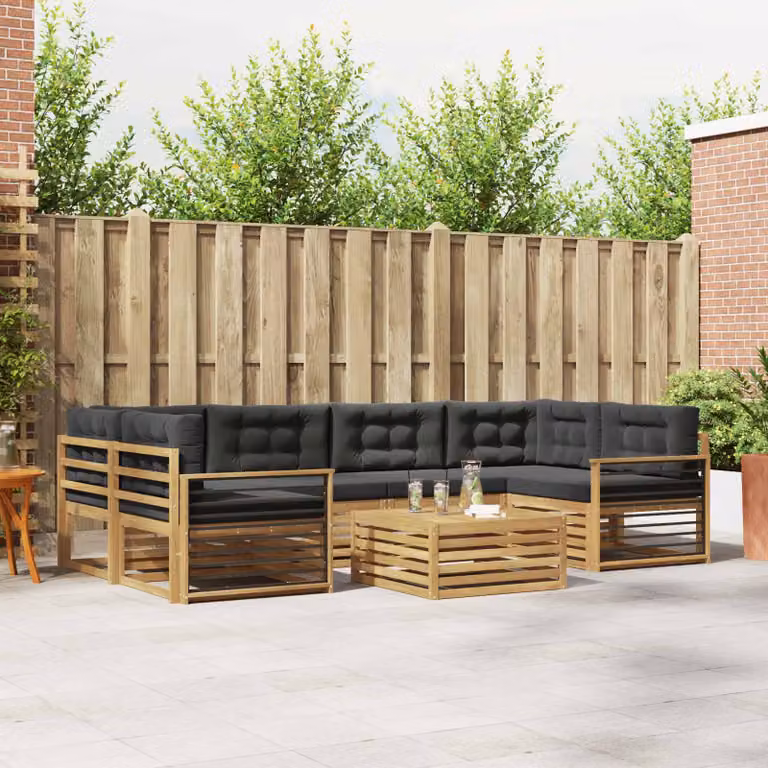 vidaXL Set di divani da esterno a forma di U composto da 7 pezzi in legno di acacia con cuscini bianchi e antracite